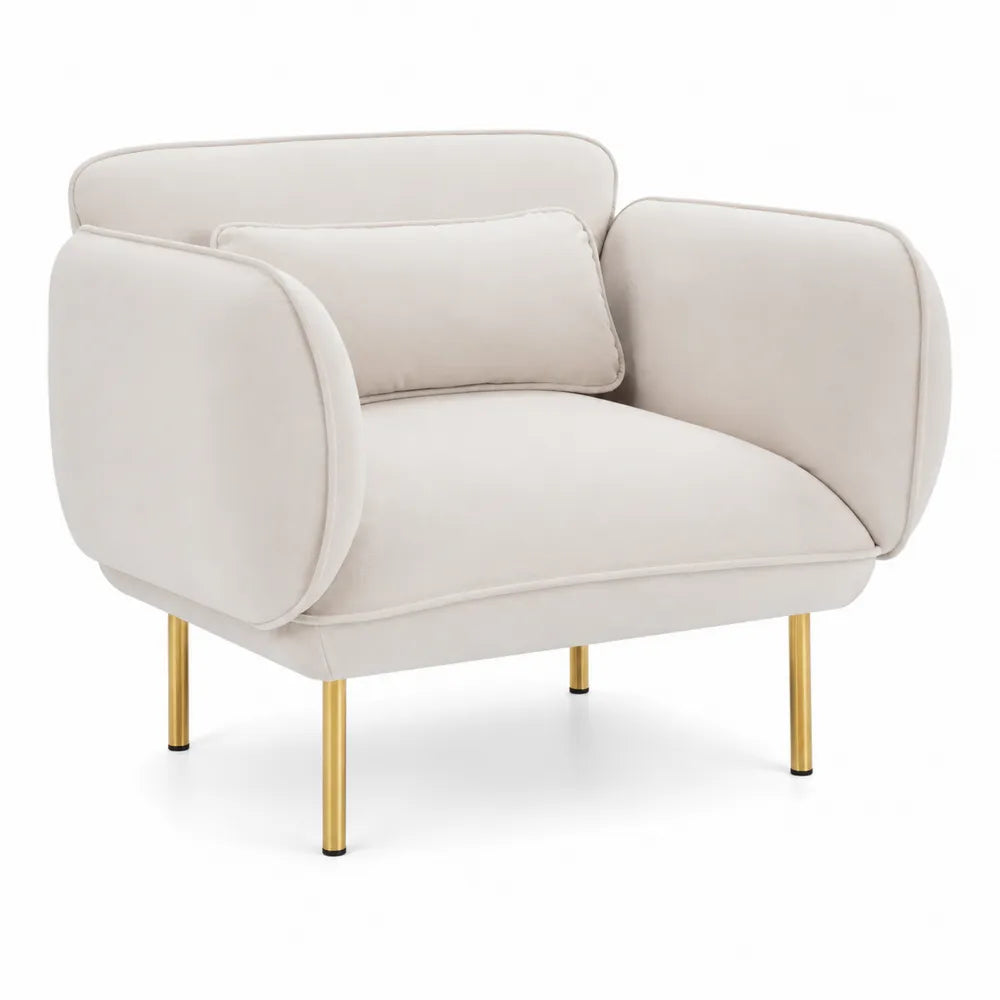 Poltrona in velluto beige con gambe in metallo dorato