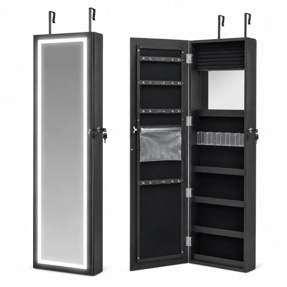 Armadietto Portagioie in Legno con Specchio LED Nero, 120x37x9 cm