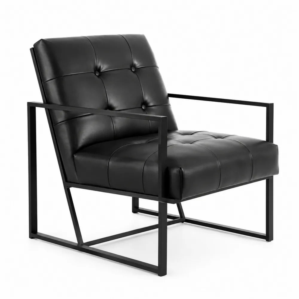 Poltrona in Pelle Nera con Struttura in Metallo