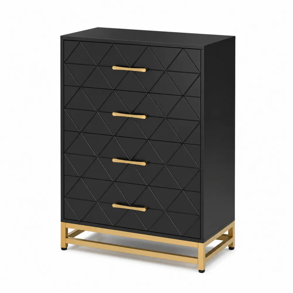 Cassettiera in MDF nera con base in metallo dorato e 4 cassetti
