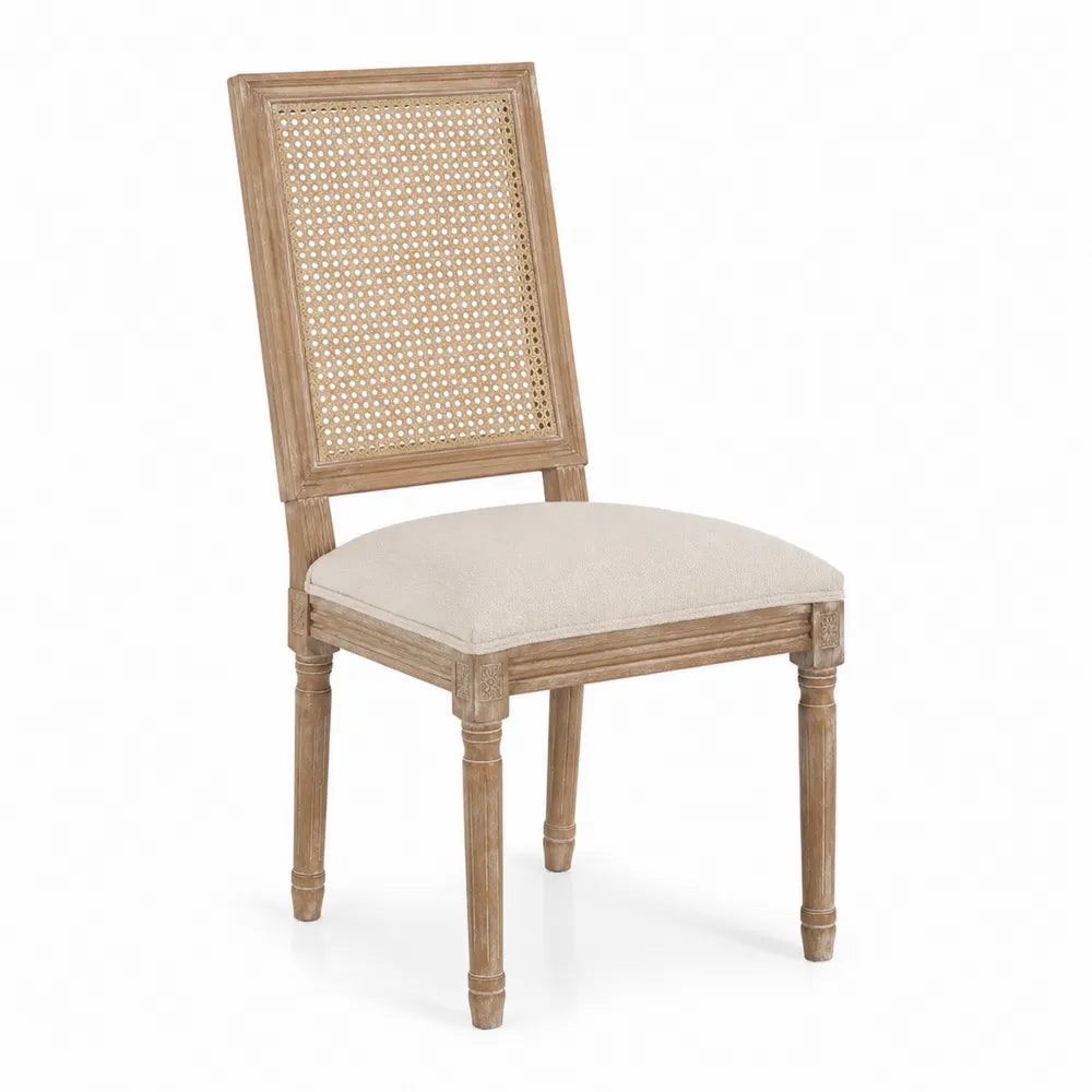 Sedia in legno con schienale in rattan e seduta in lino