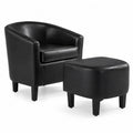 Poltrona e Poggiapiedi in Pelle Sintetica Nera con Gambe in Legno
