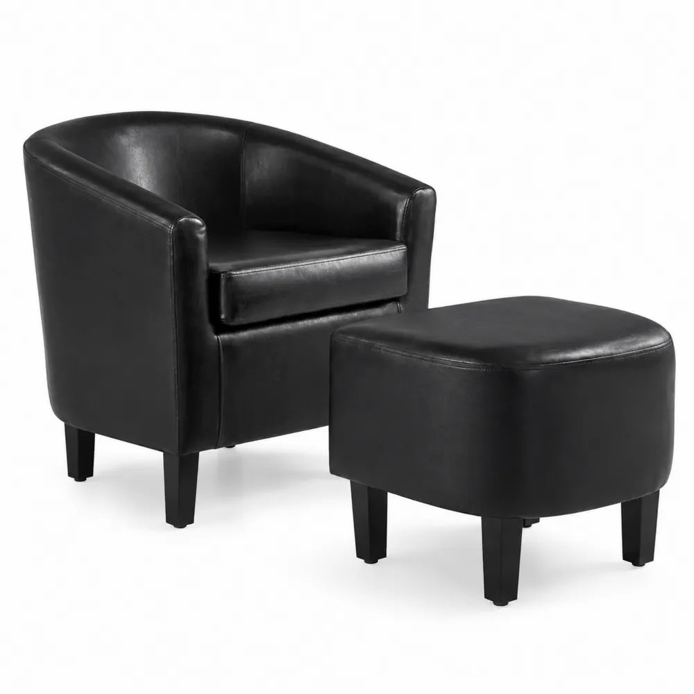 Poltrona e Poggiapiedi in Pelle Sintetica Nera con Gambe in Legno