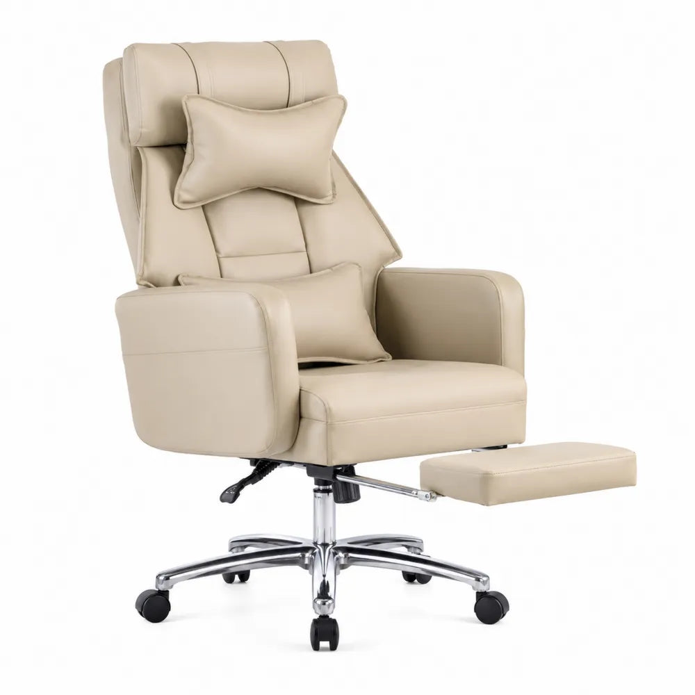 Poltrona da ufficio reclinabile in pelle sintetica beige con poggiapiedi